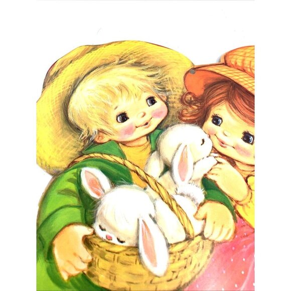 Die Cut Wall Hanging Easter Bunny Rabbits In Basket Girl Boy Double Sided Vtg - Picture 2 of 4